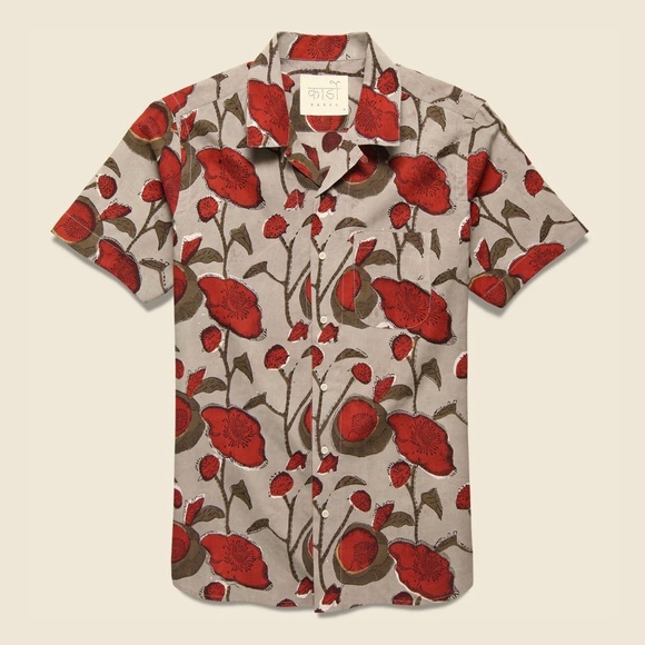 Kardo Lamar Poppy Floral Block Print Shirt - Beige/Red Medium
